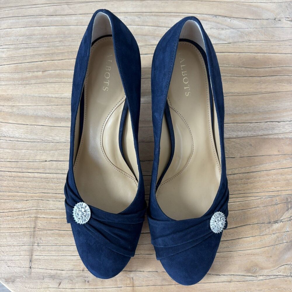 Talbots Navy Suede Leather Pumps Block Heel Size 8.5M Rhinestone Glam Event Chic - Picture 4 of 12